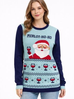 Merlot-Ho-Ho Holiday Knit Sweater - Light Blue and Navy